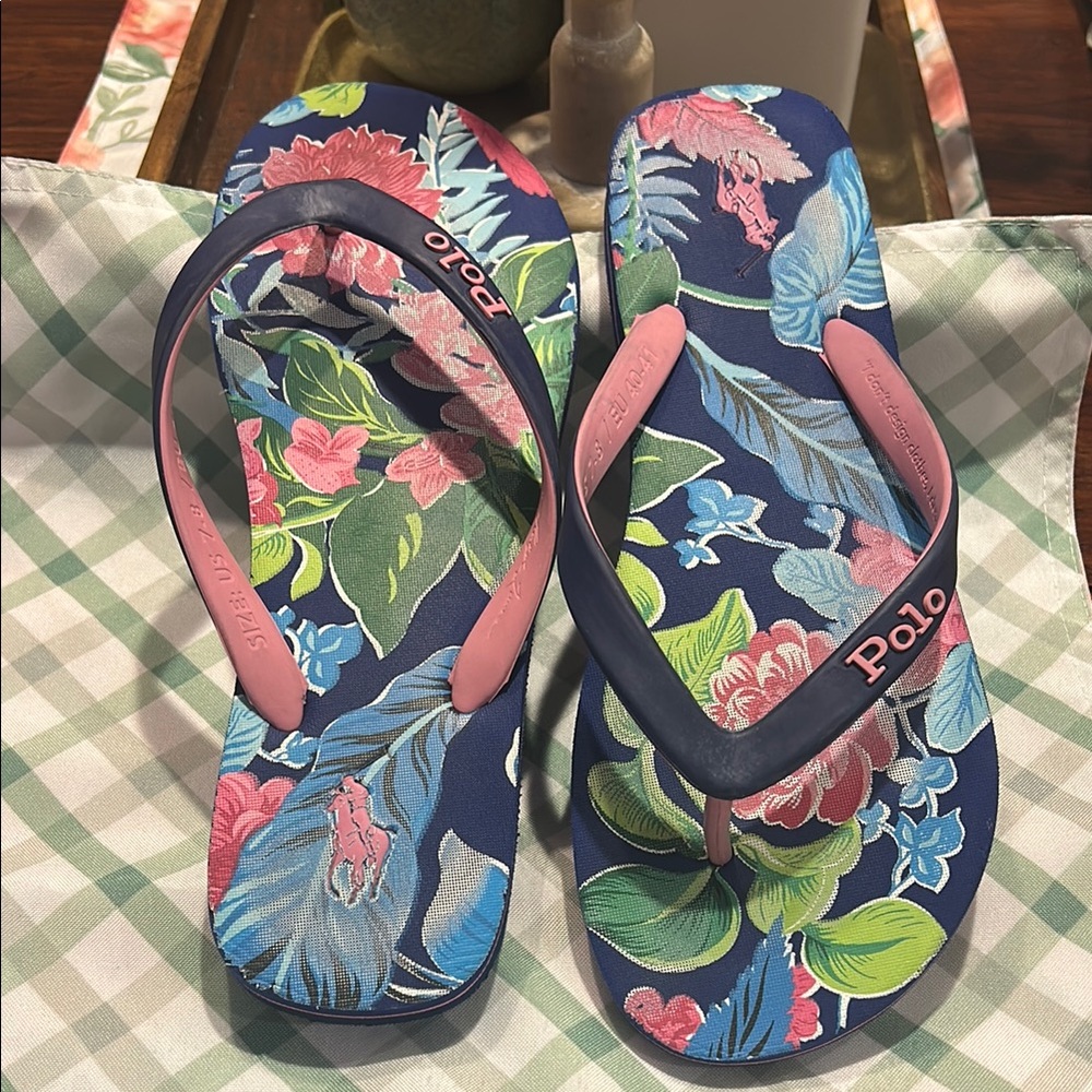 Ralph Lauren Polo Bolt Floral Tropical Flip Flops NWOT